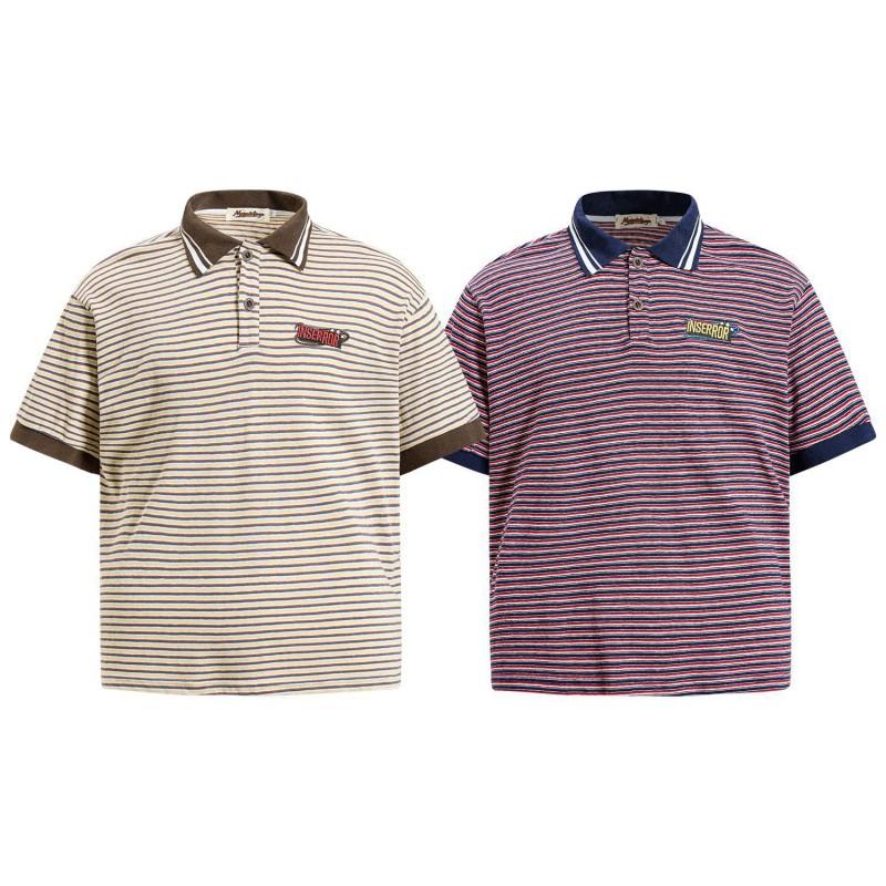 American Vintage Color Block Striped Embroidered Polo Shirts Unisex Casual Short Sleeve Tops