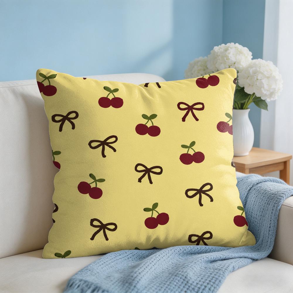 Cherry Bow Cushion Cover Short Plush Soft DoubleSided Printing Pillow Case Cozy Sofa Bedroom Home Decor Gift
