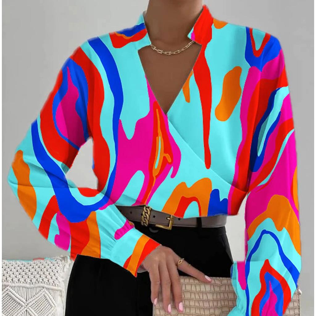 YYFS Женские модные повседневные весенне-осенние блузки и рубашки с v-образным вырезом и длинным рукавом с цветочным узором и принтом