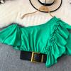 Шикарная блузка Blusas De Mujer с косым воротником и воланами, нерегулярная блузка Ins для женщин, однотонная, со складками на поясе, Camisas, летняя дропшиппинг