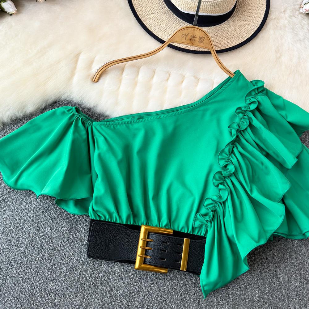 Шикарная блузка Blusas De Mujer с косым воротником и воланами, нерегулярная блузка Ins для женщин, однотонная, со складками на поясе, Camisas, летняя дропшиппинг