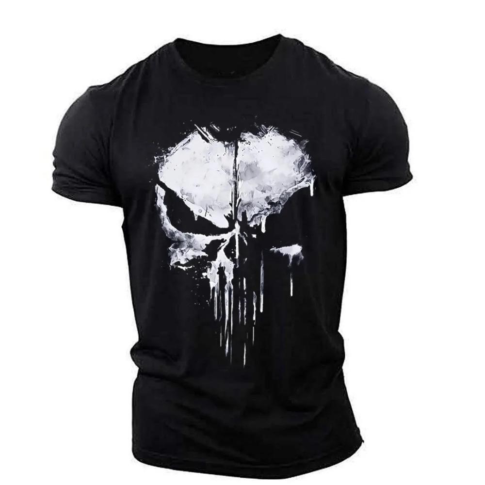 Gym T-Shirt Men Skull Print Short Sleeves Workout T-Shirt Summer Casual Tee Streetwear Men's O-neck Sweatshirt Jogging Clothing