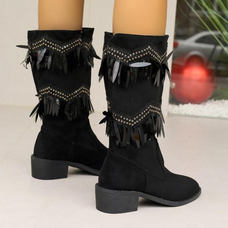 2024 Women's Shoes Slip On Mid-Calf Women's Boots Classics Daily Boots Women Bling Fringe Pointed Toe Square Heel Shoes Women