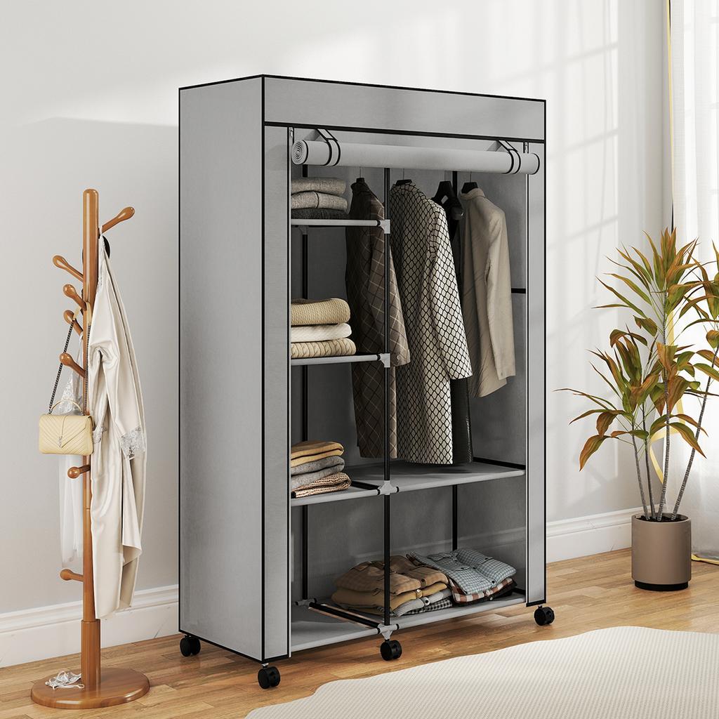 Fabric Wardrobe Storage Solution 6 Shelves 1 Clothes Rod Light Gray