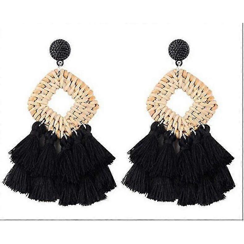 Bohemia Tassel Earrings Statement Handmade Dangle Ethnic Fringe Earrings Bamboo Weaving Geometric Square Sector Gifts For Women Girls