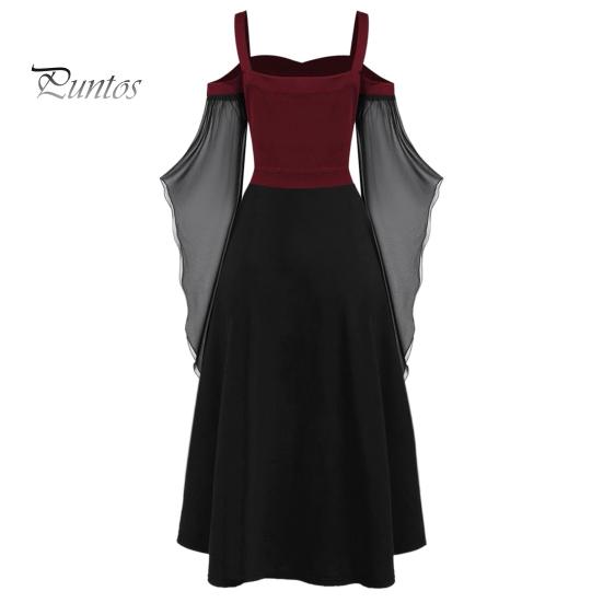 Женское платье для косплея в готическом стиле, костюм ведьмы на Хэллоуин, на шнуровке, без воротника, в тон, с длинными рукавами и рогами, платье трапециевидной формы