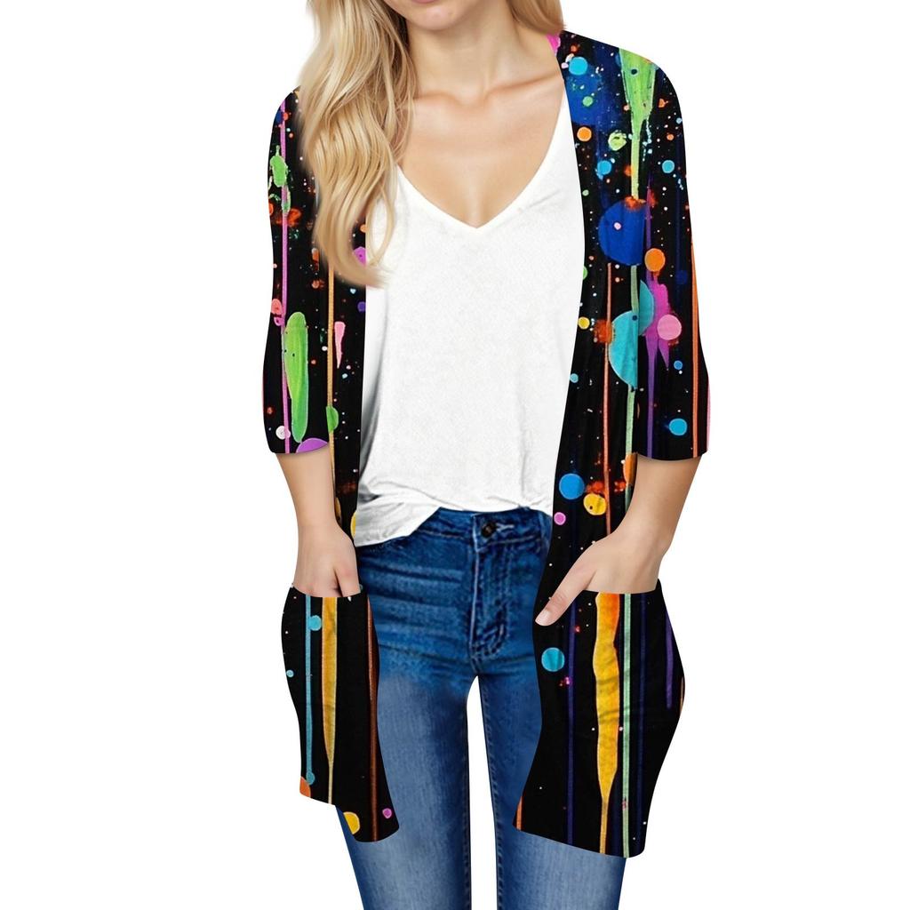 Женский модный свободный повседневный кардиган с принтом и карманами, куртка с рукавом семь восьмых, топ