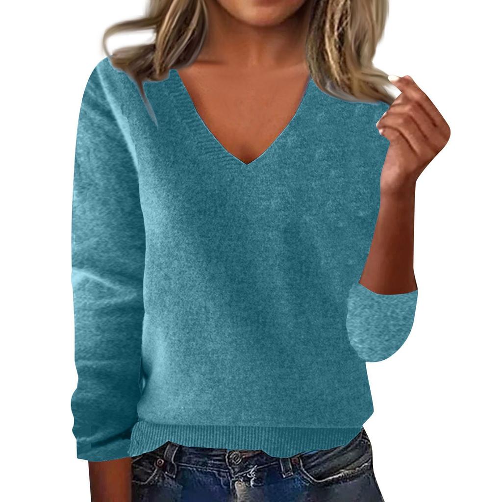 Women's Fashion Loose V-Neck Long Sleeve Bottom Shirt Top Knitted Sweater