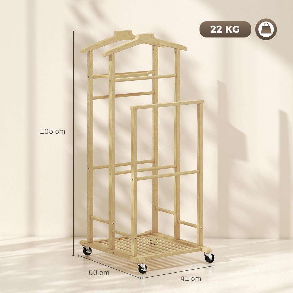Bamboo Clothes Rack on Wheels, Compact, with Hangers, Hanging Rails, Shelf and Bottom Shelf, Oak Look