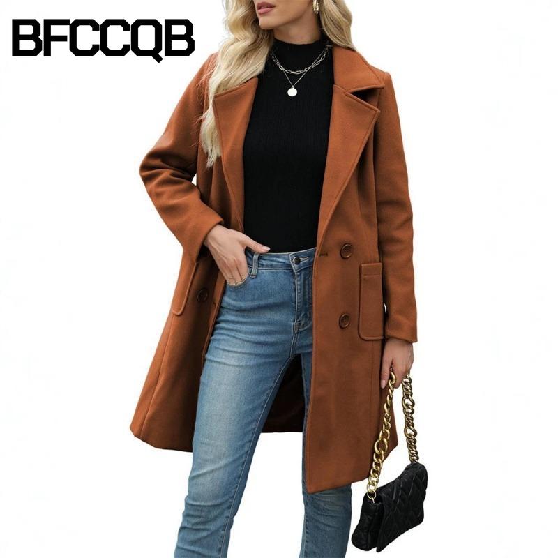 BFCCQB Женские винтажные повседневные однотонные куртки и пальто с воротником-поло с длинными рукавами и осенне-зимним принтом