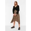 Brown Leopard Patterned Ruffle Asymmetrical Midi Stretch Knitted Skirt Twoaw20et0440