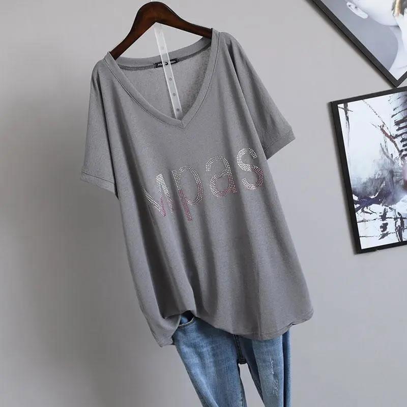 Extra Large Size T-shirt Women's Summer V-neck Clothes Fashion Loose Diamond-studded Letter Short-sleeved T-shirt Women