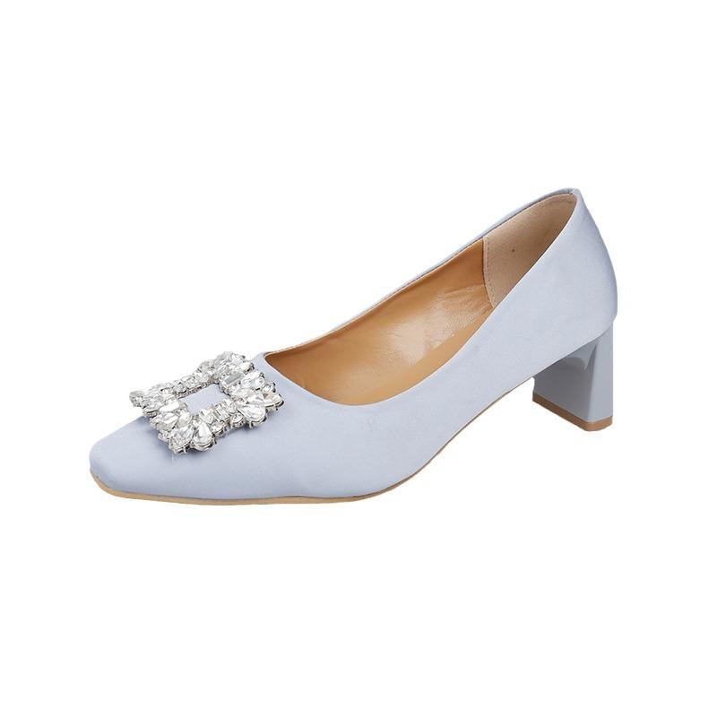 Coarse Heel French Rhinestone Square Head Shallow Mouth Single Shoes Women's Summer 2025 New French Temperament High Heels Dinner Shoes
