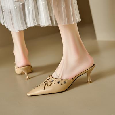 Мода 2025 НОВЫЕ Летние Женские Мюли овчина Женская Обувь Острый Носок Массивный Каблук Обувь Закрытый Носок Слингбэк Сандалии Современные Шлепанцы