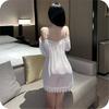On the Sexy Pajamas Lingerie Babydoll Cosplay Mini Skirt Loungewear Camisole Dress Gown Bra Set for Women [Thoughts Wind] T-back (White)
