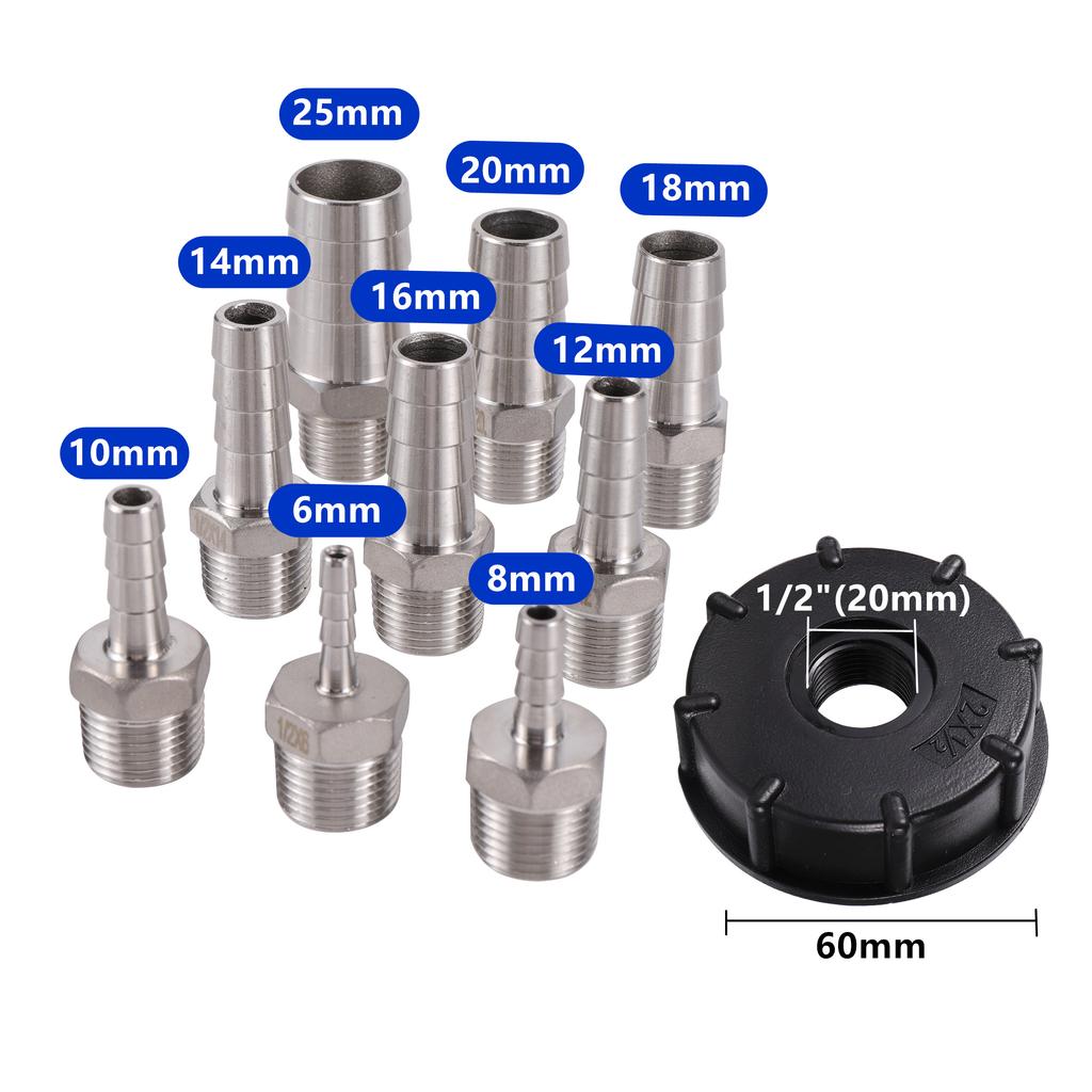 S60x6 Coarse Thread IBC Water Tank Adapter 6/8/10/12/14/16/18/20/25mm 304 Stainless Steel Spout Replacement Water Tank Fittings