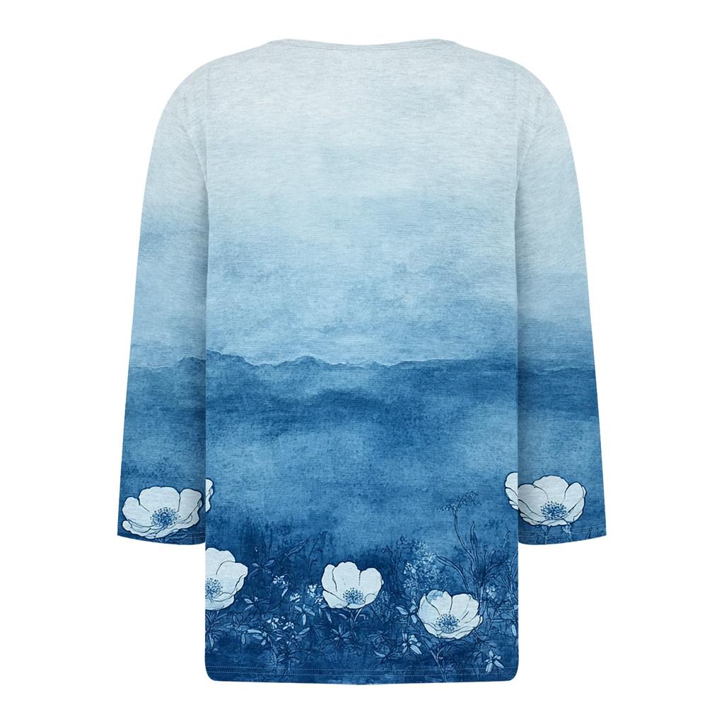 Women's Fashion Casual Floral Print V-Neck Decorative Button Three-quarter Sleeve T-Shirt Top