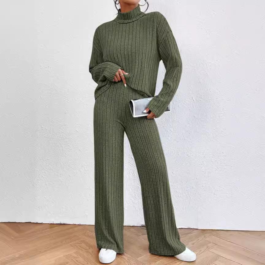 European & American 2023 Autumn/Winter High-Neck Knit Sweater & Loose Trousers Women's Two-Piece Casual Suit