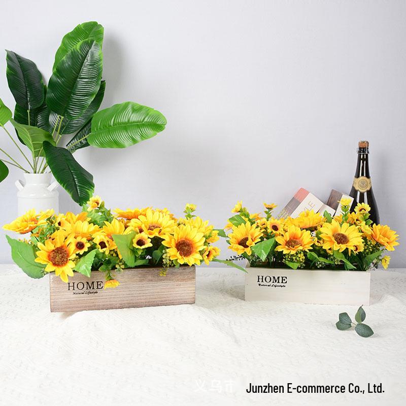 Cross-border Sunflower Small Potted Plant with Wooden Fence Base for Wedding Decor & Photography Props