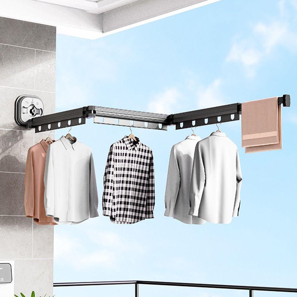 Wall Mounted Retractable Clothes Hanger Space Saving Clothing Storage Shelf Household