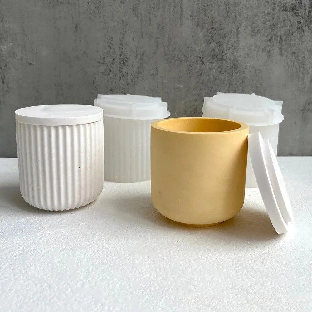 Round Stripe with Cover Bottle Silicone Molds DIY Cement Plaster Storage Jar Pottery Mould Concrete Art Making Supplies Decor