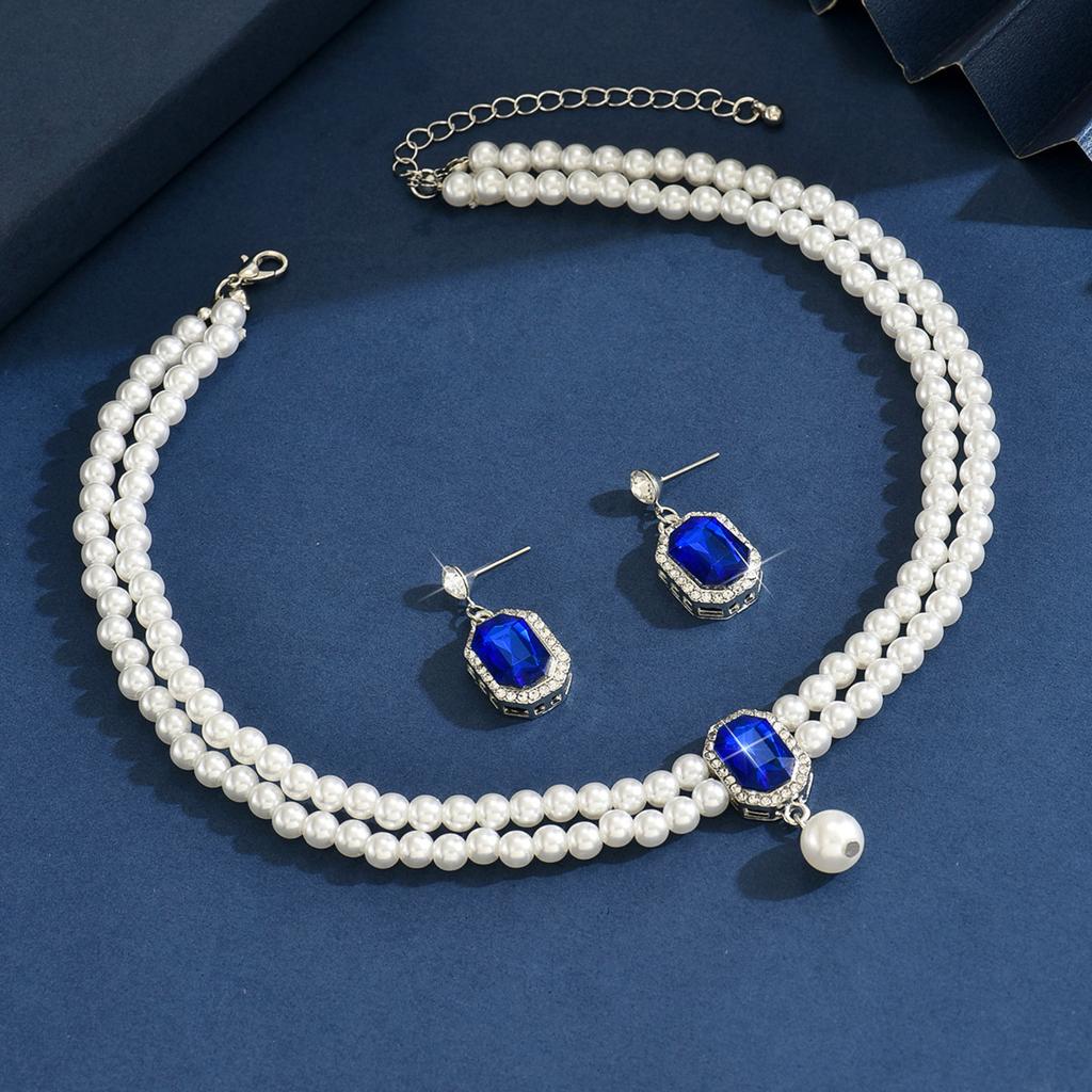 Ladies Two Layer Pearl Shines Oblong Crystal Necklace & Ear Drop Jewelry Set