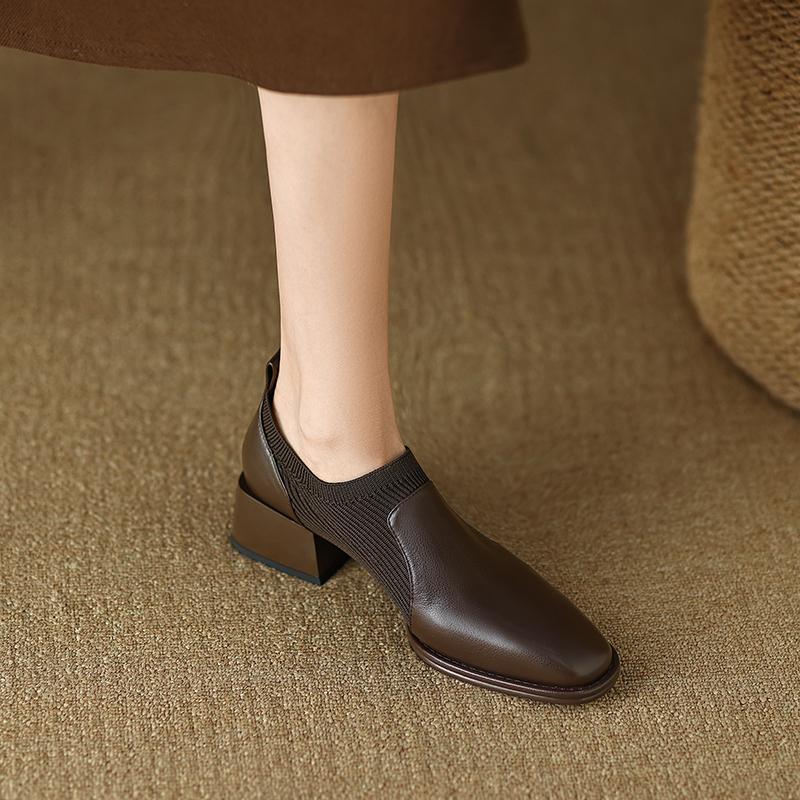2024 New Genuine Leather Top Quality Sheepskin Shoes Woman Spring Slip On Dress Black Round Toe Ladies Loafers High Heel Shoes