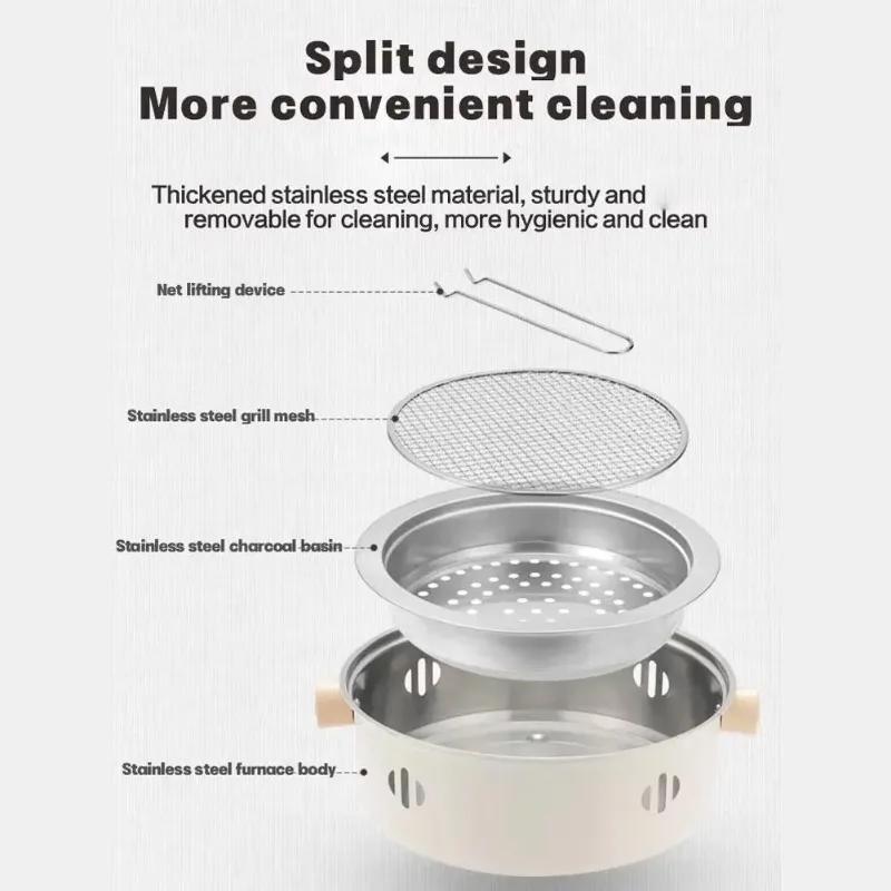 Круглый стальной угольный гриль-барбекю в корейском стиле с раздельной конструкцией, антипригарной решеткой, портативный, для сада, патио, кемпинга, приготовления пищи
