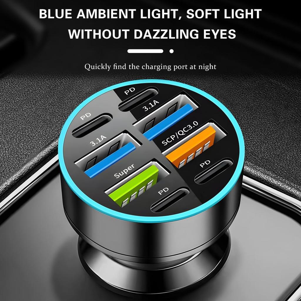 Автомобильное зарядное устройство на 8 портов 66 Вт 12–24 В с PD и QC 3.0, светодиодный вольтметр, универсальное для смартфонов, разъем для прикуривателя, автомобильные аксессуары