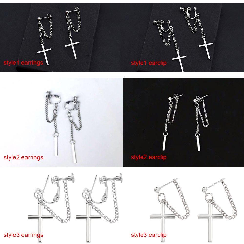 Серьги-цепочки с крестиком для темного красивого персонажа без проколов, зажим для ушей