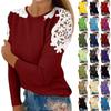 Women's Fashionable Solid Color Patchwork Lace Hollow Out Round Neck Long Sleeved T-Shirt Top