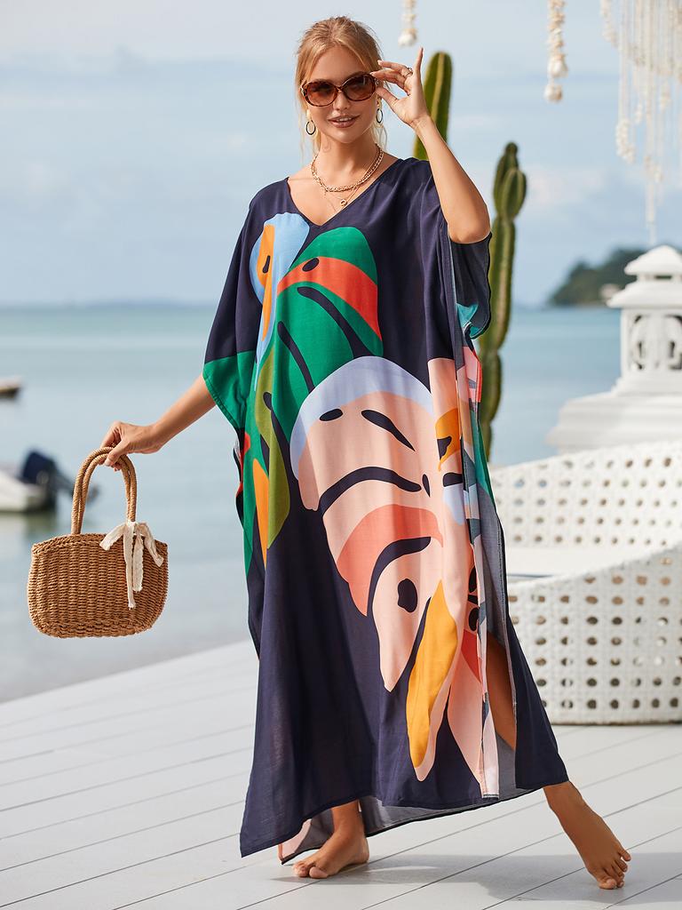 Maxi Dresses Leaf Printed Black Background Women Beach Kaftans Cover Ups for Swimwear Summer Holiday Bathing Suits
