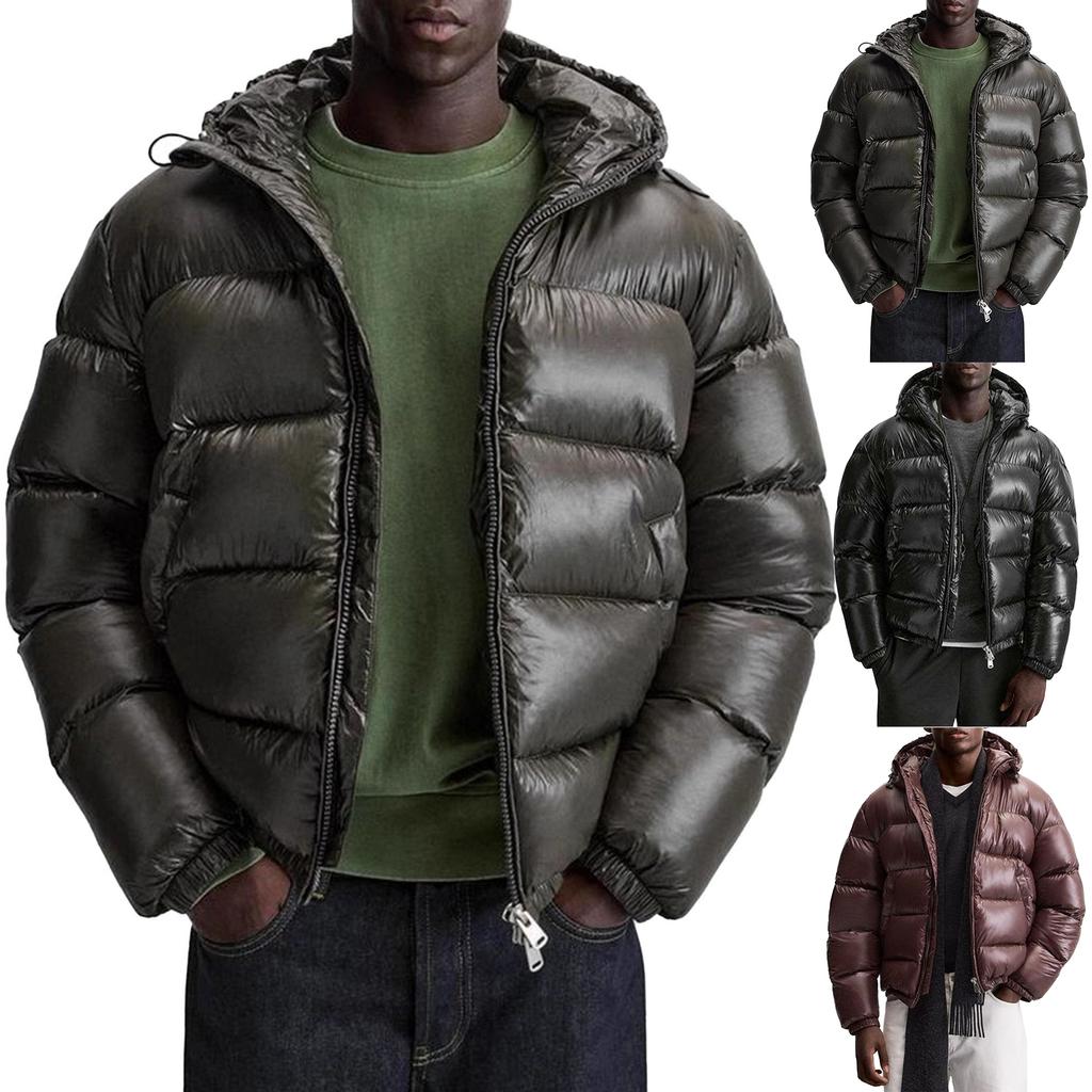 Men's Casual Solid-color Long-sleeved Hooded Cotton-padded Jacket, Men's Thickened Warm Loose Pocket Bread Jacket Coat
