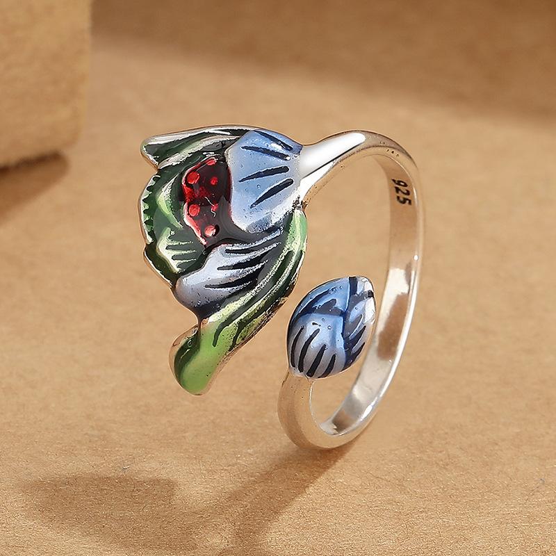 Ретро Кольцо Лотос из Голубой Эмали Женское Национальный Тренд Национальный Ветер Капли Мастерство Индивидуальные Ювелирные Изделия