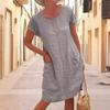 GMXIA Women's Summer Loose Solid Colour Pocket Short Sleeve O-Neck Washed Cotton Linen Dress
