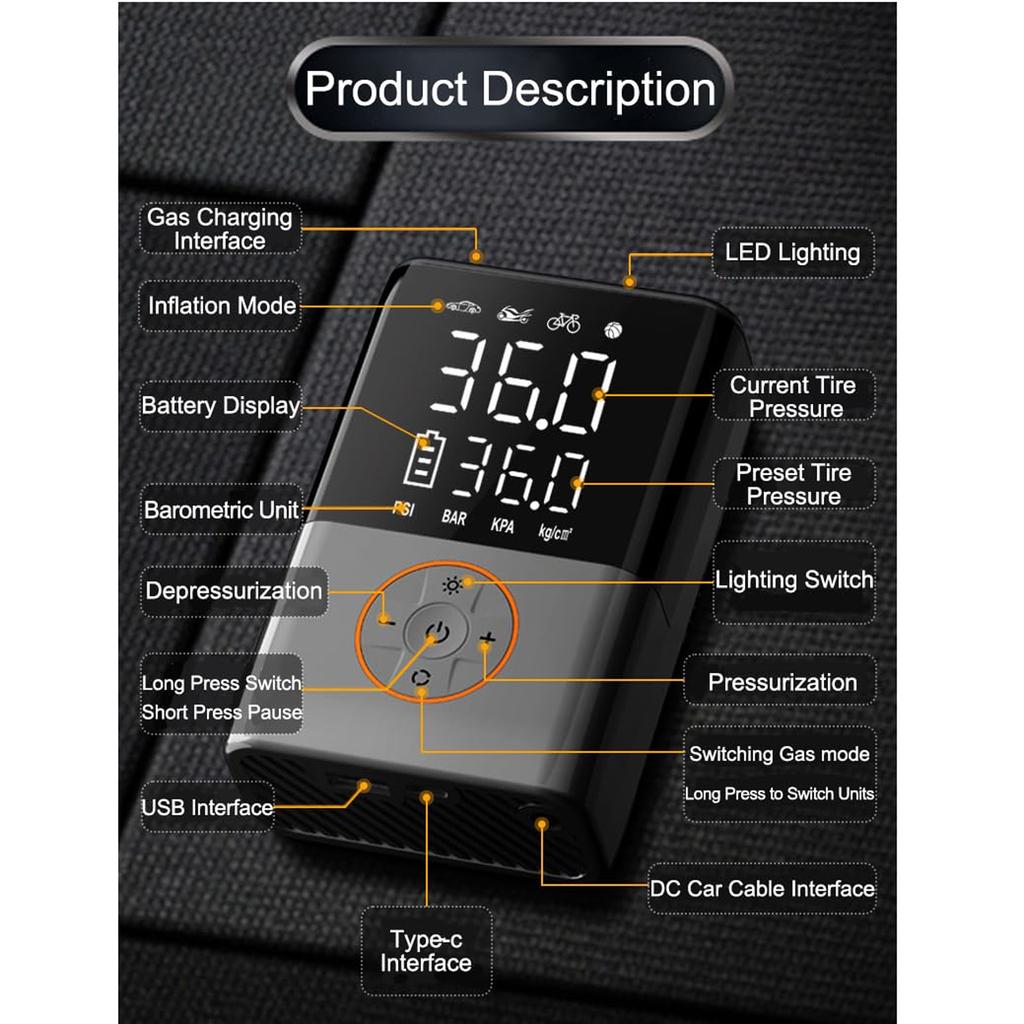Портативный компрессор для накачивания шин, беспроводной велосипед с цифровым дисплеем значений, автомобильные шины 150 фунтов на квадратный дюйм со светодиодными фонарями для автомобилей, мотоциклов