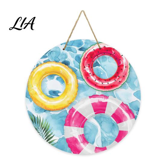 Flip Flop Welcome Sign Round Wooden Door Hanger, Watercolor Beach Sign, Hello Sunshine Indoor Outdoor Wall Hanger Please Plaque for Summer Porch Decor