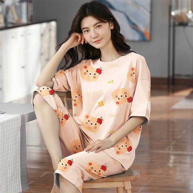 Летние капри в клетку женские пижамы для сна с короткими рукавами пижамные комплекты с рисунком пижамы из полиэстера 3XL 5XL домашняя мода