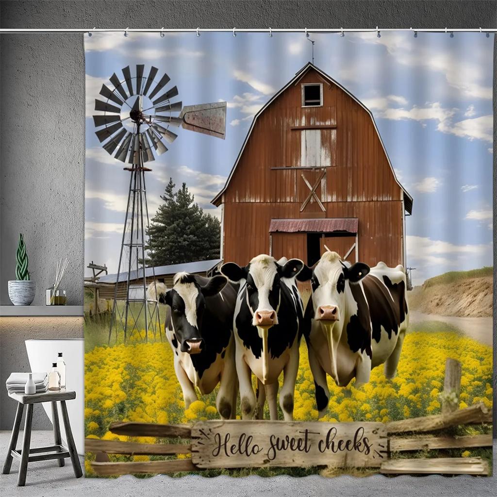 Farm Animal Shower Curtain, Oil Painting Farmhouse Barn Door Donkey Cow Pig Sunflower Spring Bathtub Partition Bathroom Decor