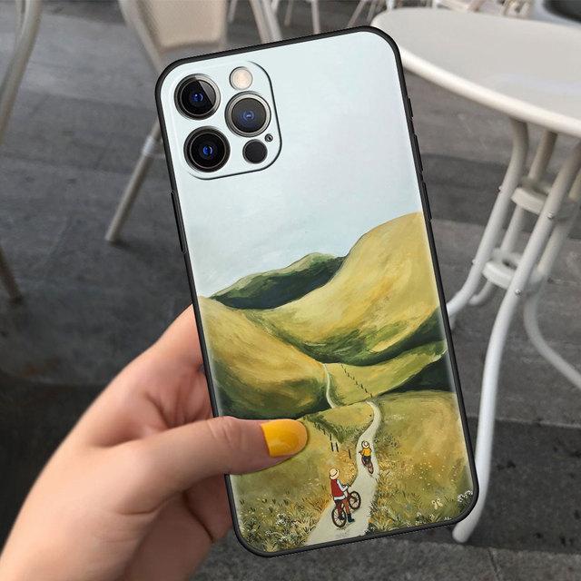 Чехол для мобильного телефона Apple Iphone 13 12 11 Pro 7 8 Plus, черный Cubierta X Xr 6 6s 5 5S, роскошный чехол Funda Para Movil с мультяшным пейзажем для девочек