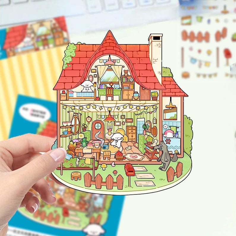 Cartoon Landscape Stickers Multiple Miniature World 3D Hut Unzip DIY Scene Manual Post