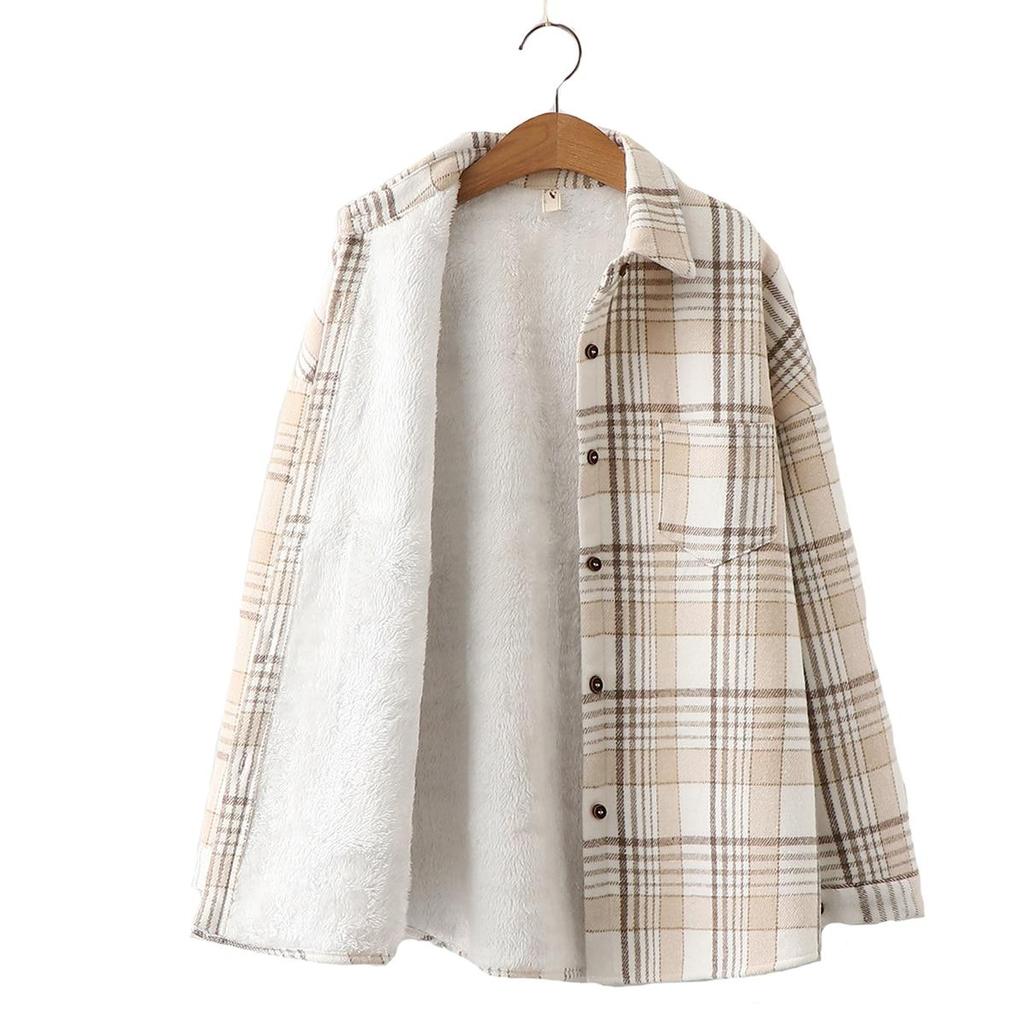 Fashion Thick Velvet Plaid Shirts Women Winter Keep Warm Blouses and Tops New Casual Slim Female Clothes Outwear