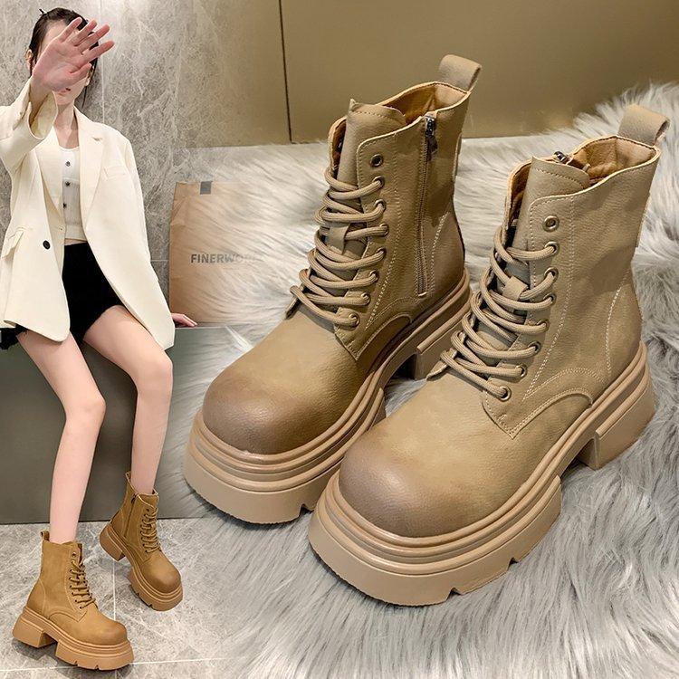 Vintage Rub Color Thick Bottom Boots Female 24 Autumn Hundreds of Short Biker Boots Yellow Boots