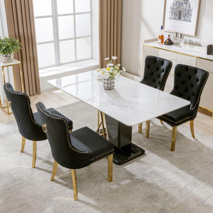 Chaise de salle à manger (dossier avec tirettes arrondies uniques, 4 branches), pieds en acier inoxydable doré, noir/doré