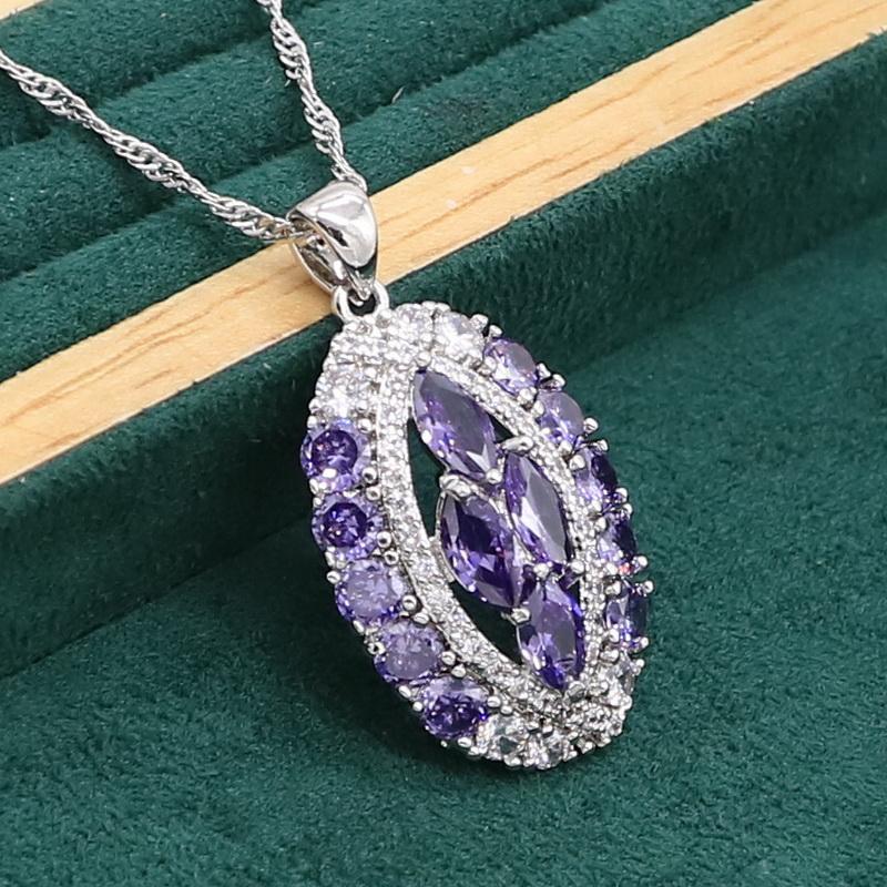 WPAITKYSPфиолетовый аметист серебряного цвета, комплект ювелирных изделий для женщин, браслет, серьги, ожерелье, кулон, кольцо, подарок на день рождения