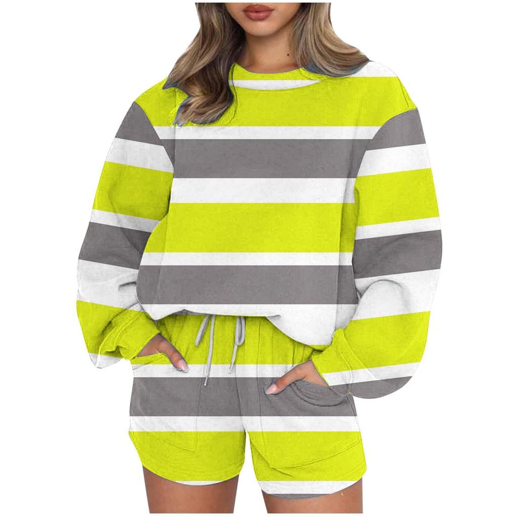 Summer Crew Neck Sweater Shorts Long Sleeves Casual Sports Suit Women'S Fashion Contrasting Stripes