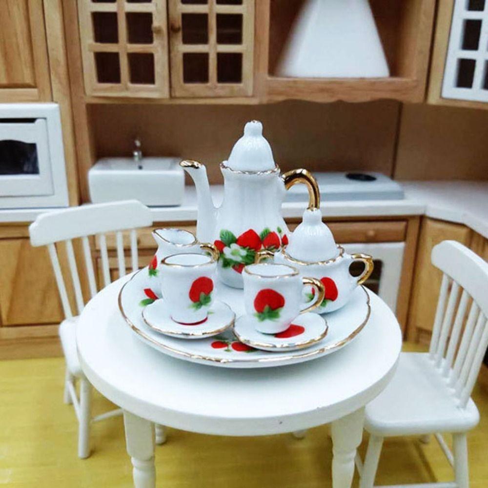 Floral Print Doll Porcelain Tea Set Tableware Miniature Cups Pot Dollhouse Dinnerware Pretend Play