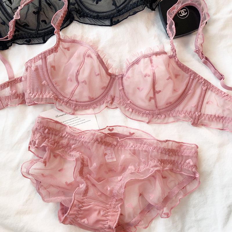French Ultra Thin Lace Lingerie Sexy Love Embroidery Bra Set for Women Underwear Summer Breathable Plus Size CD Cup Brassiere