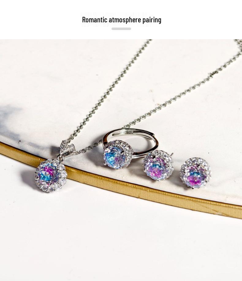 Gessen Jewelry Набор: Многоцветное Восьмиугольное Кольцо, Серьги и Подвеска «Цветная Фея с Бриллиантом» для Женщин