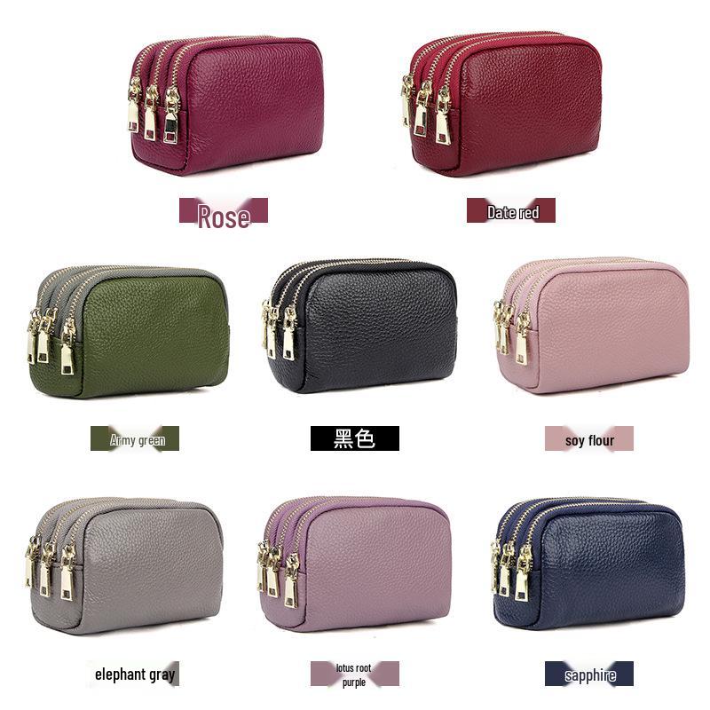 Женский кошелек-клатч из натуральной кожи на трех молниях для монет и ключей